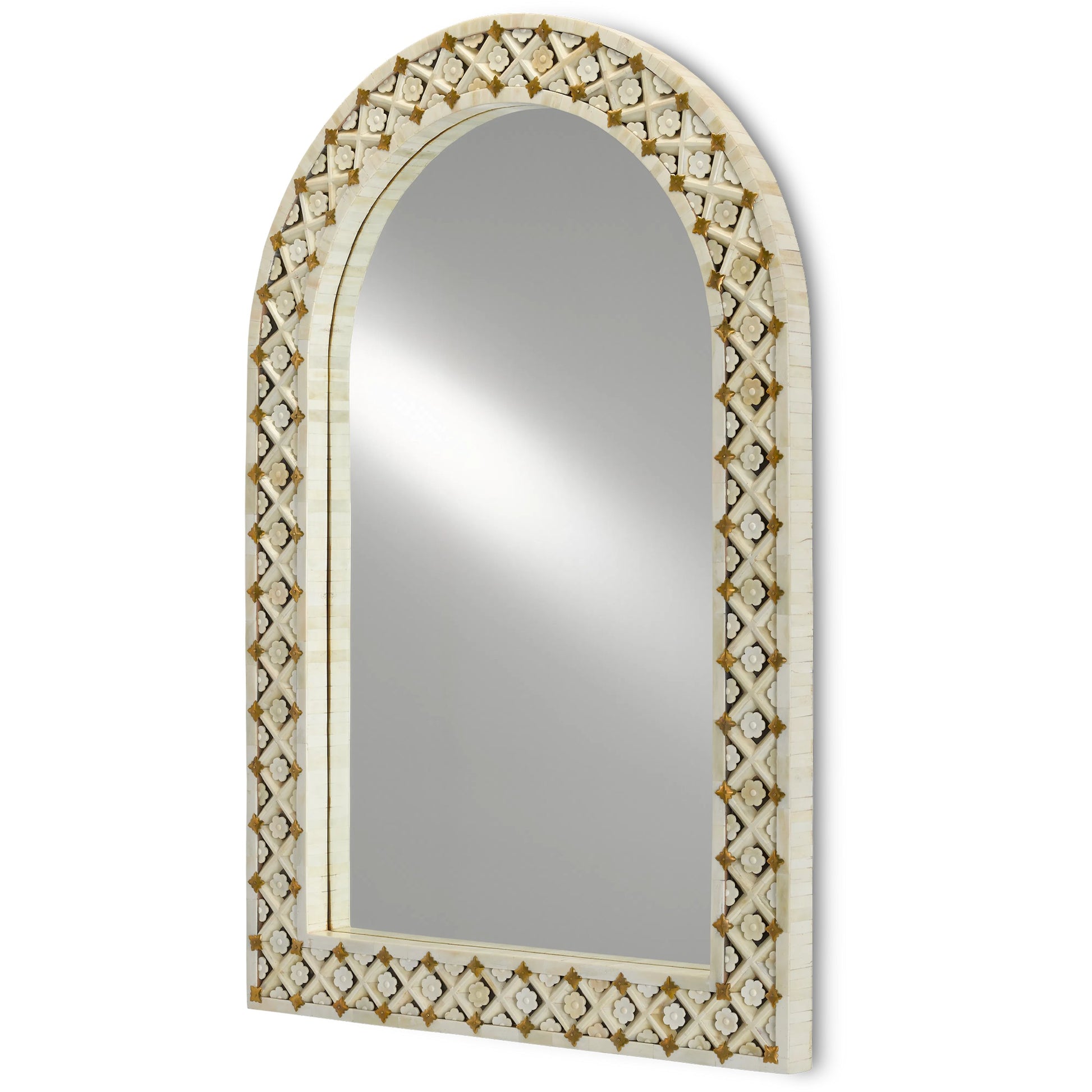 Ellaria Mirror by Currey and Company in natural bone, brass, mirror. Made from bone, brass, glass in a eclectic & global style.