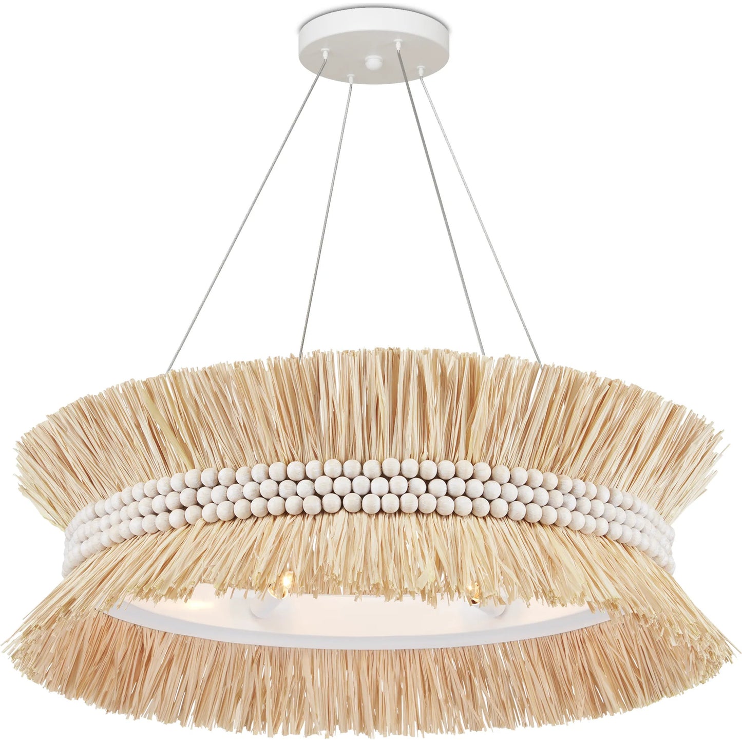 004 SI-1894555 | Additional Silo | Seychelles Chandelier by Currey and Company in sugar white, natural raffia. Made from wrought iron, raffia, wood beads in a coastal style.