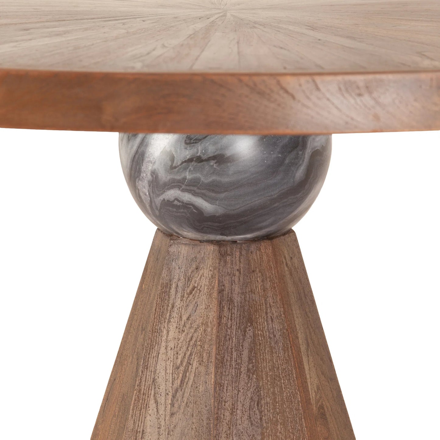 003 SI-2243052 | Closeup | Rustic Revival 48" Round Gathering Table by World Interiors in brown and antique finish. Made from marble teakwood in a transitional style.