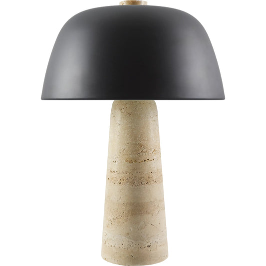 Fes 624361 Accent Table Lamp by Livabliss in body: beige; shade (outside): black; shade (inside): white; cord: black. Made from travertine, metal in a unique style.