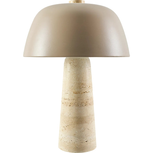 Fes 624361 Accent Table Lamp by Livabliss in body: beige; shade (outside): black; shade (inside): white; cord: black. Made from travertine, metal in a unique style.