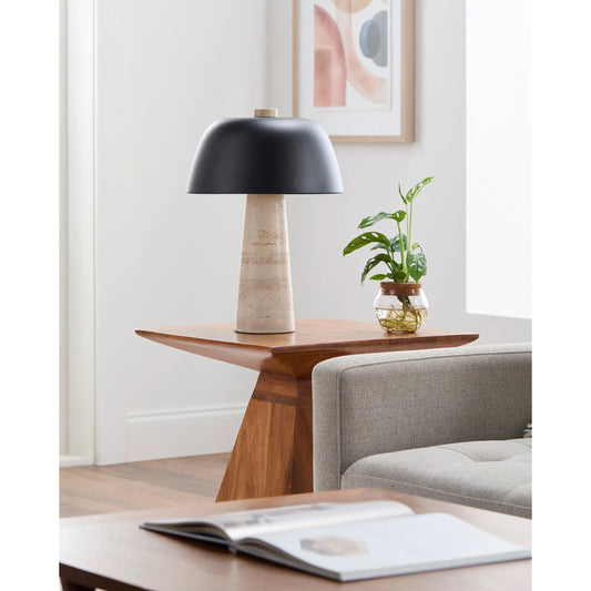 Fes 624361 Accent Table Lamp by Livabliss in body: beige; shade (outside): black; shade (inside): white; cord: black. Made from travertine, metal in a unique style.
