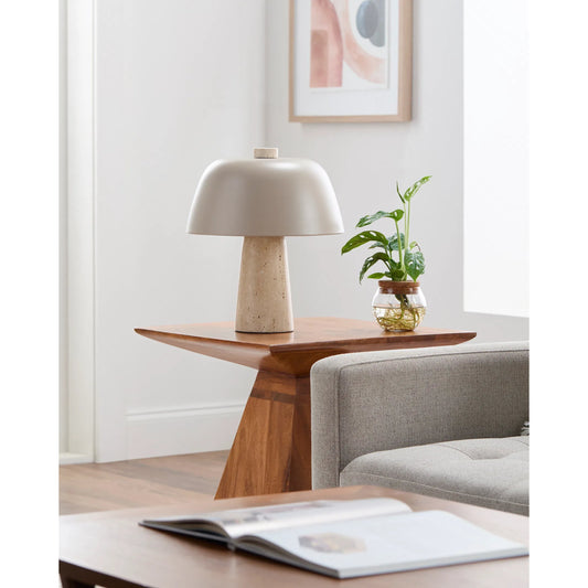 Fes 624370 Accent Table Lamp by Livabliss in body: beige; shade (outside): beige; shade (inside): white; cord: black. Made from travertine, metal in a unique style.