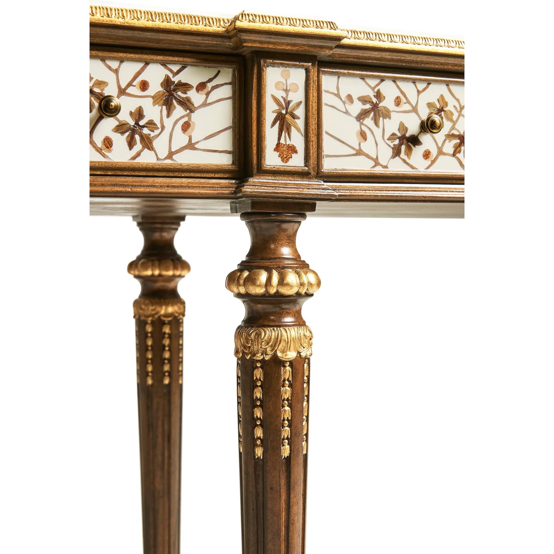 Trianon Console Table by Jonathan Charles in oak leaf parquetry. Made from mahogany solids, various marquetry veneers, resin, brass in a traditional style.