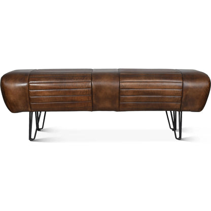 Brisbane Bench by World Interiors in brown and hand washed. Made from leather, iron in a traditional style.