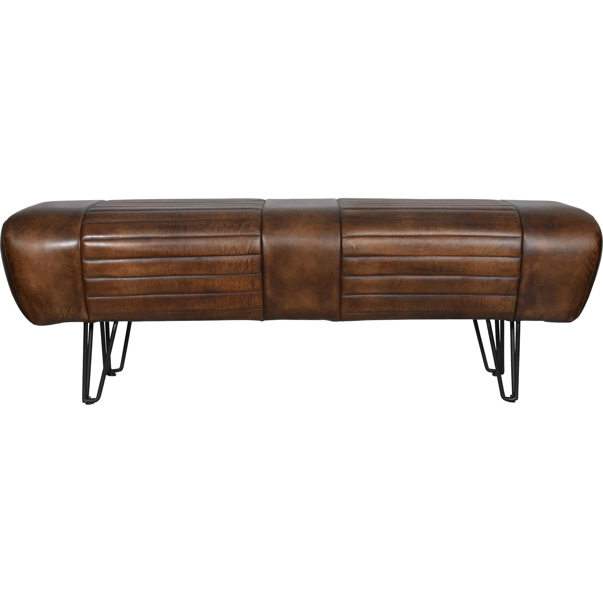Brisbane Bench by World Interiors in brown and hand washed. Made from leather, iron in a traditional style.