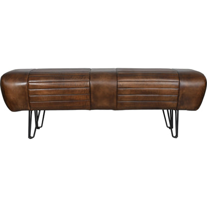 Brisbane Bench by World Interiors in brown and hand washed. Made from leather, iron in a traditional style.