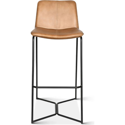 Brisbane Bar Chair by World Interiors in kh22 and black powder coat on metal and hand washed. Made from leather, iron in a traditional style.