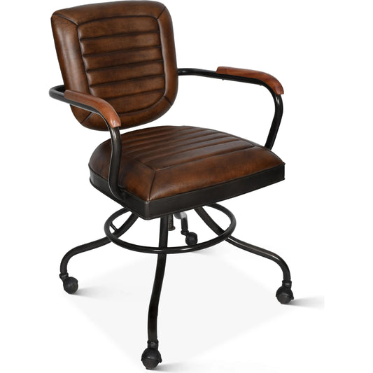 Brisben Desk Chair by World Interiors in antique whiskey. Made from leather, wood, iron in a transitional style.