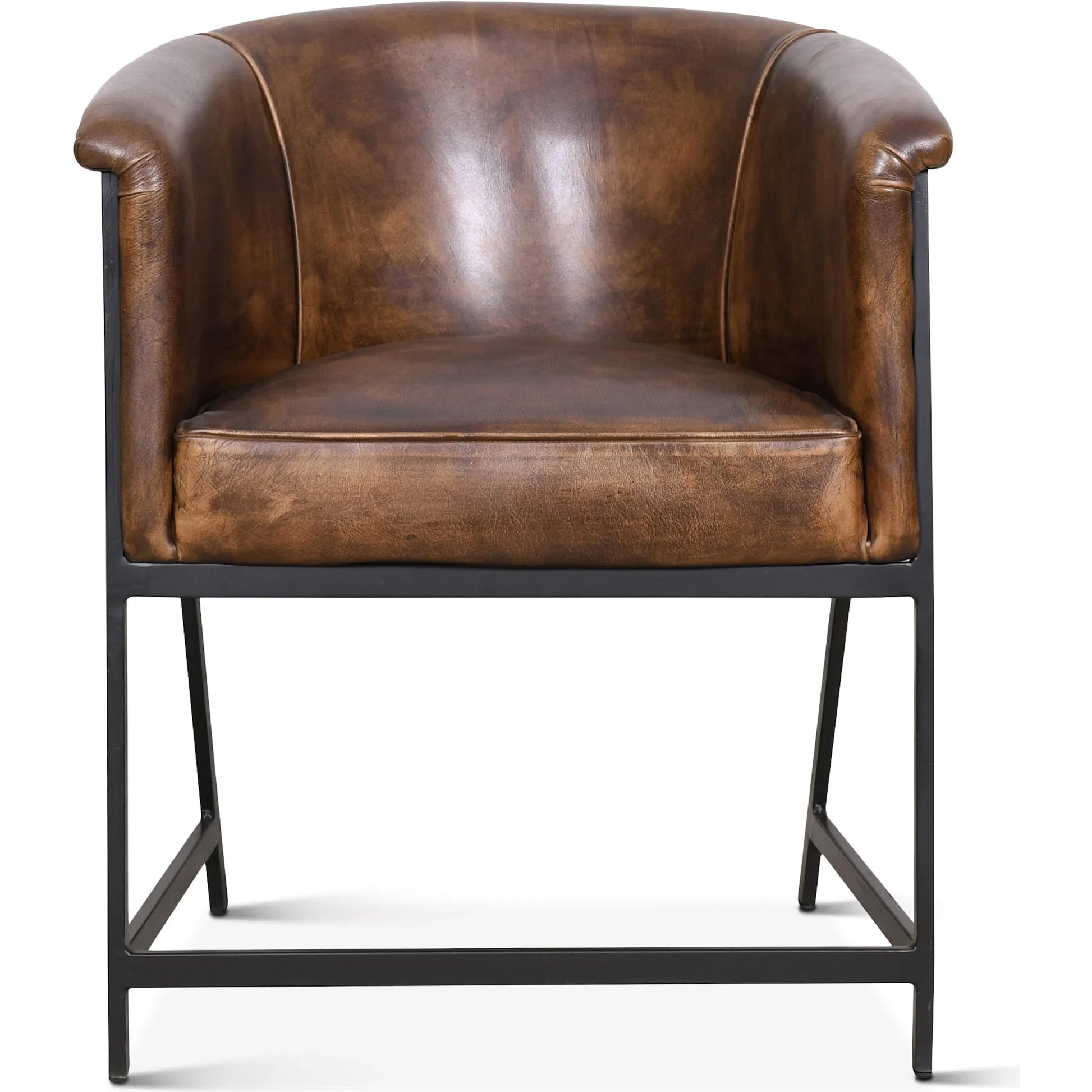 Brisbane Armchair by World Interiors in browns and whiskey. Made from reclaimed iron top, top grain leather in a traditional style.