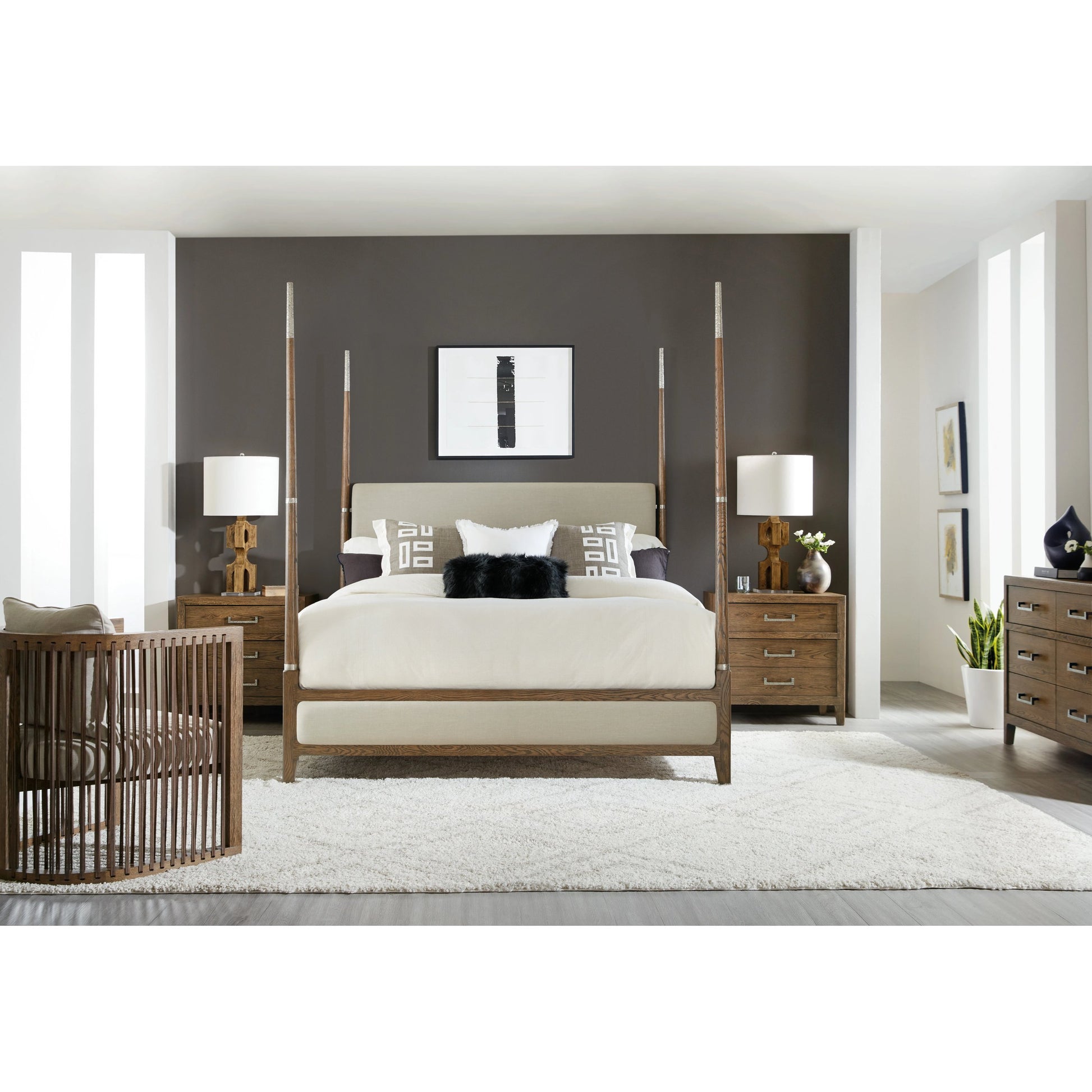 Chapman Four Poster Bed by Hooker Furniture in samantha taupe and sorrel. Made from white oak veneers with metal, fabric in a modern style.