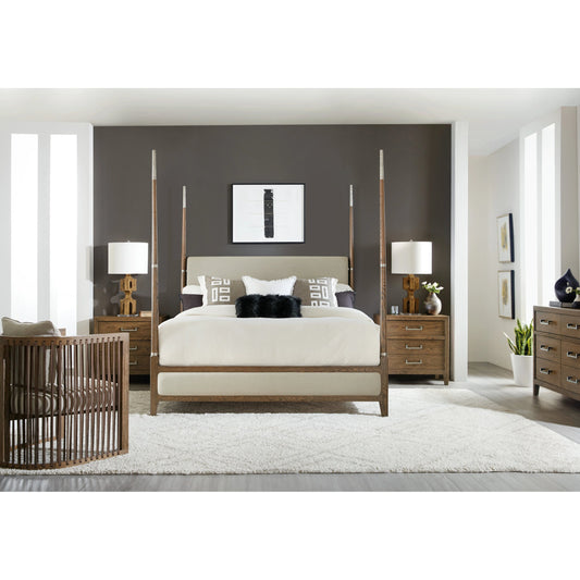 Chapman Four Poster Bed by Hooker Furniture in samantha taupe and sorrel. Made from white oak veneers with metal, fabric in a modern style.