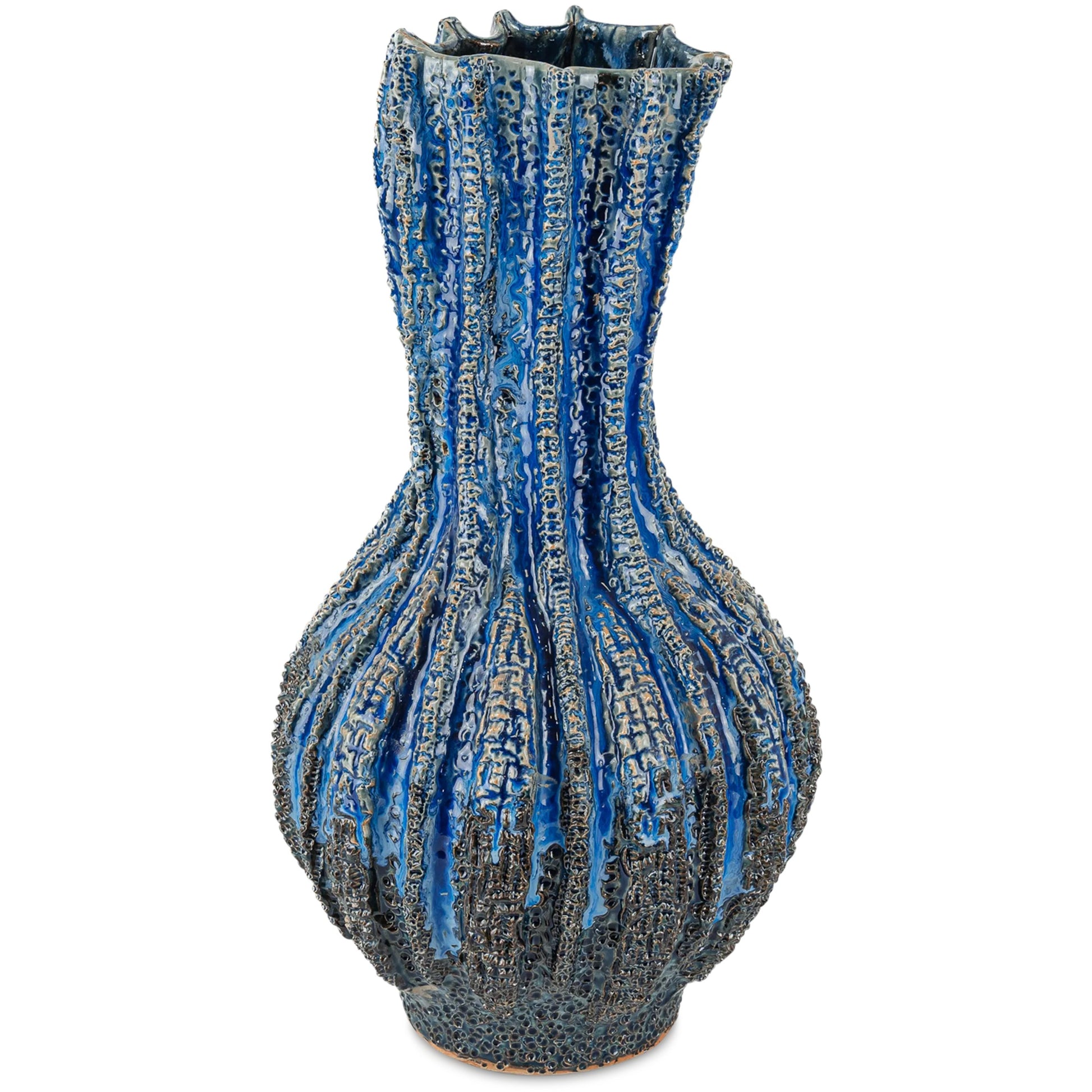 Folios Vase by Currey and Company in reactive dark blue. Made from ceramic in a eclectic & global style.
