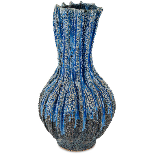 Folios Vase by Currey and Company in reactive dark blue. Made from ceramic in a unique style.