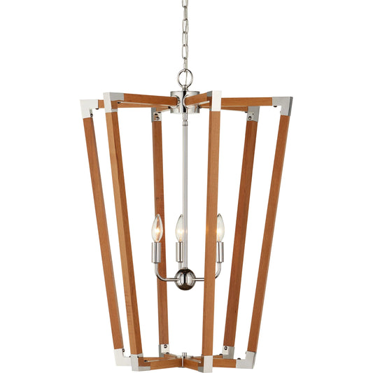 Boyd Chandelier by Currey and Company in natural, polished nickel. Made from teak wood, metal in a modern style.