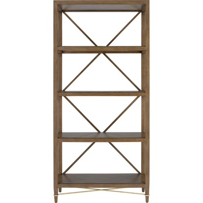 Verona Etagere by Currey and Company in chanterelle, champagne. Made from mahogany, iron in a transitional style.