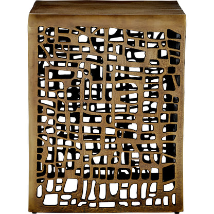 Gowen Accent Table by Currey and Company in antique brass. Made from cast aluminum in a modern style.