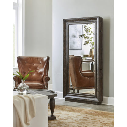Traditions Floor Mirror by Hooker Furniture in dark wood. Made from pine veneers with mirror, felt, copper, jewelry bags in a transitional style.