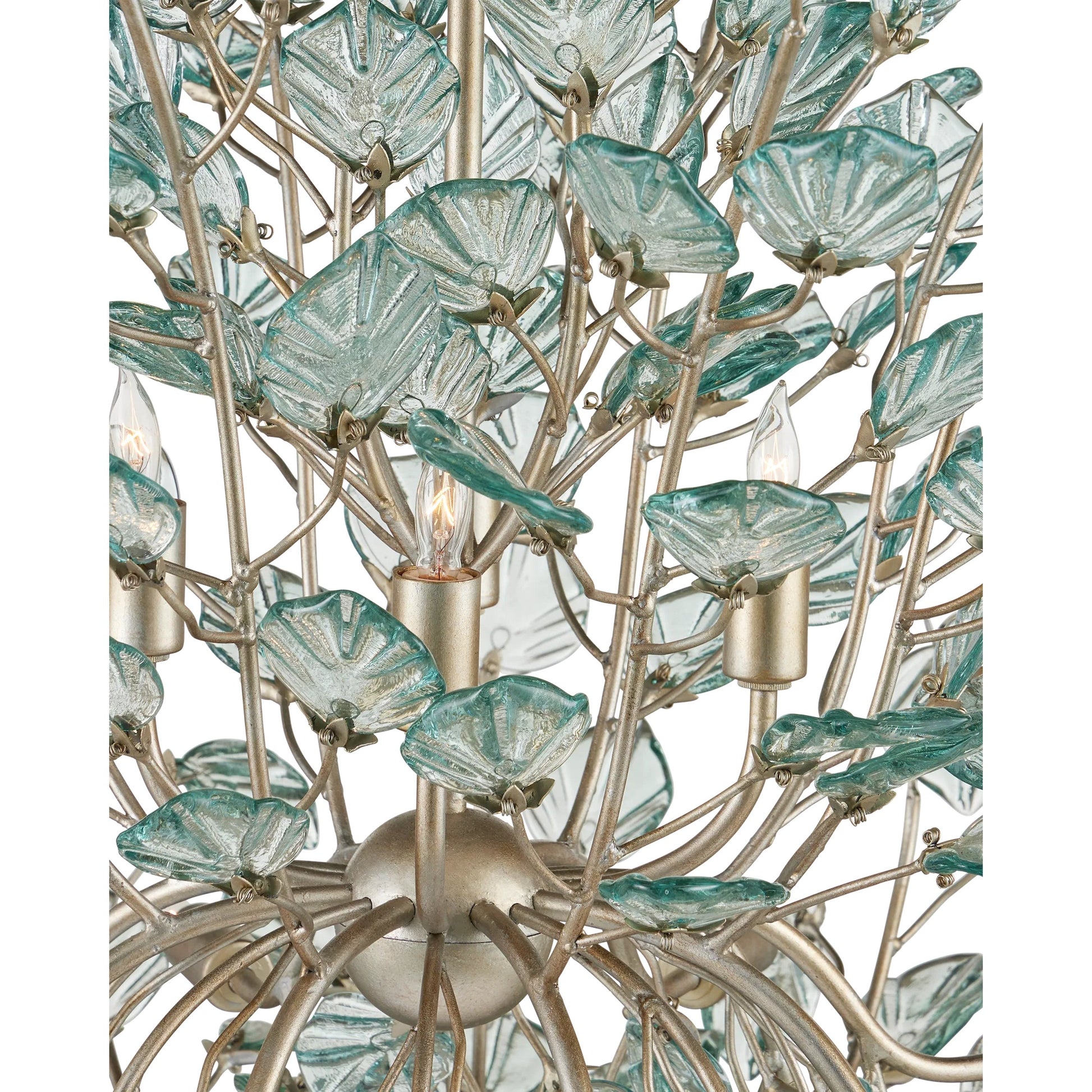 Baobab Chandelier by Currey and Company in clear, contemporary silver leaf. Made from recycled glass, wrought iron in a modern style.