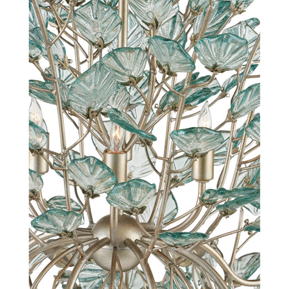 Baobab Chandelier by Currey and Company in clear, contemporary silver leaf. Made from recycled glass, wrought iron in a modern style.