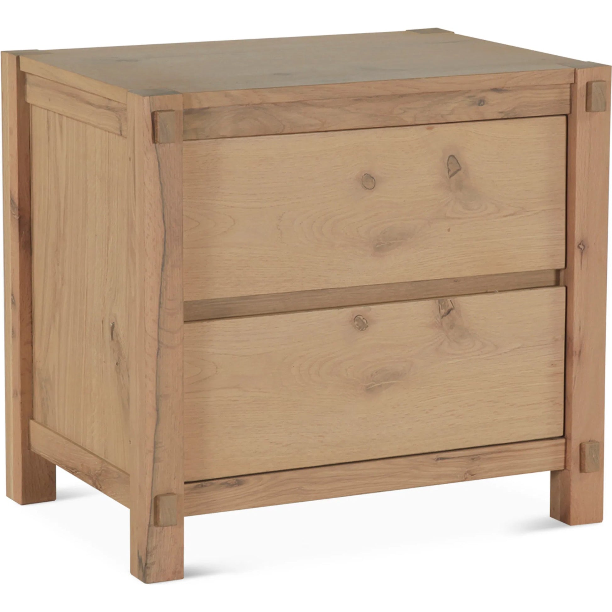 Alpine Nightstand by World Interiors in tan and natural. Made from oak wood in a transitional style.