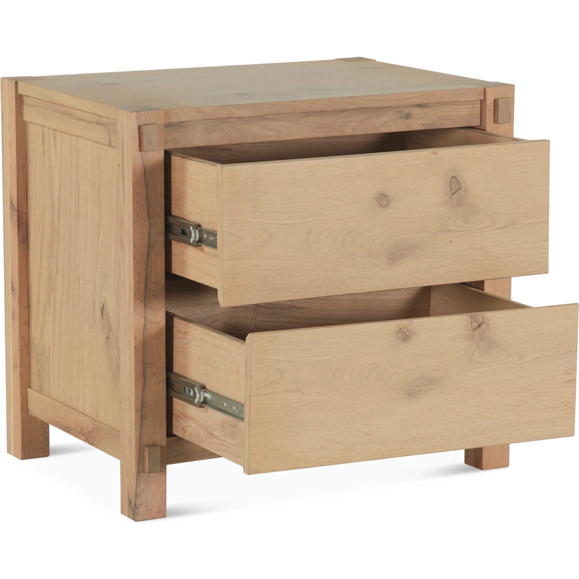 Alpine Nightstand by World Interiors in tan and natural. Made from oak wood in a transitional style.