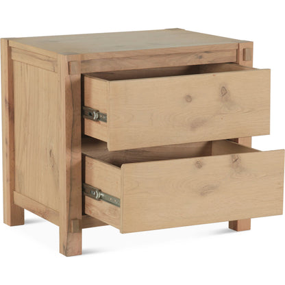 Alpine Nightstand by World Interiors in tan and natural. Made from oak wood in a transitional style.