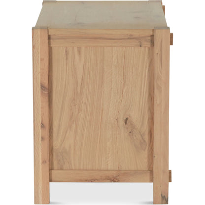 Alpine Nightstand by World Interiors in tan and natural. Made from oak wood in a transitional style.
