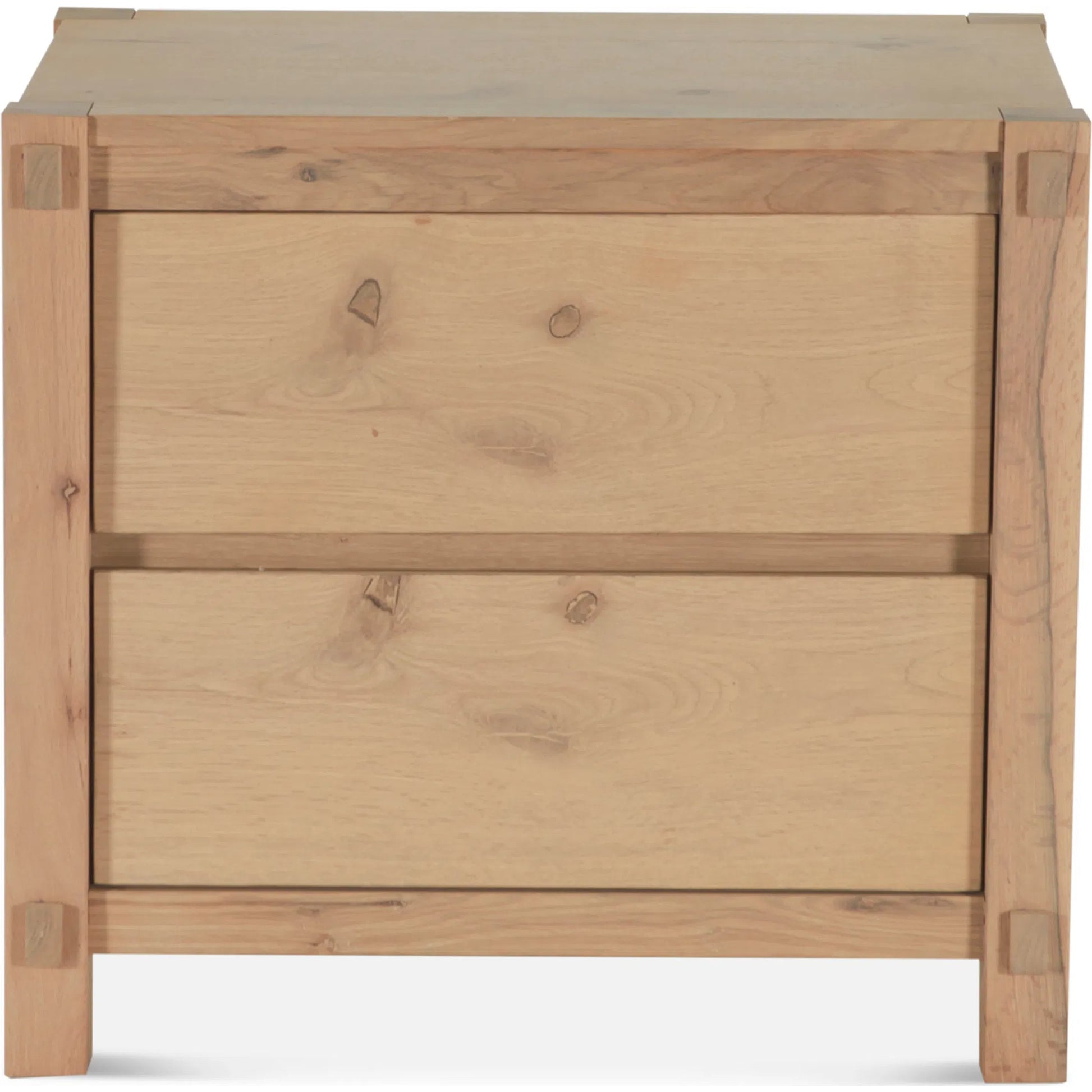 Alpine Nightstand by World Interiors in tan and natural. Made from oak wood in a transitional style.