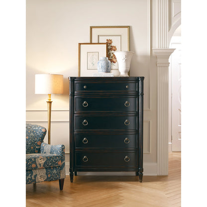 Charleston Five-Drawer Chest by Hooker Furniture. Made from cherry veneers, cedar, metal, solid-wood edge top in a transitional style.