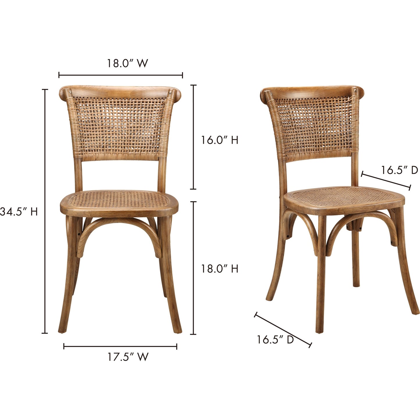 011 S-699246 | Additional Silo | Churchill Dining Chair Antique (Set of 2) by Moe's Home Collection in light brown and brown. Made from solid elm wood, rattan in a traditional style.