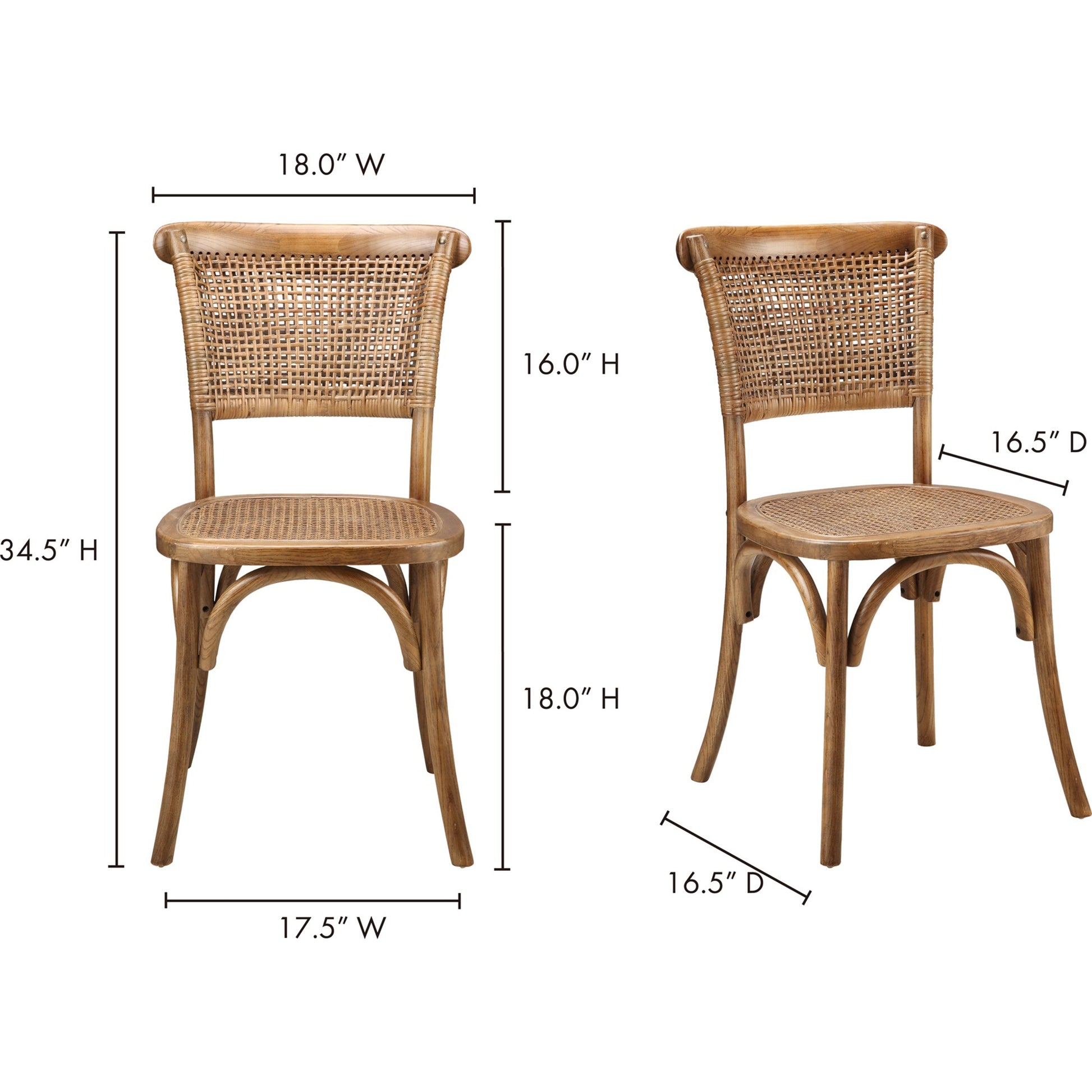 Churchill Dining Chair Antique (Set of 2) by Moe's Home Collection in light brown and brown. Made from solid elm wood, rattan in a traditional style.