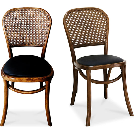 Bedford Dining Chair by Moe's Home Collection in light brown. Made from rattan, solid elm wood, polyurethane seat, plywood, oak veneer, solid black oak frame, brass legs in a cottage & farmhouse style.