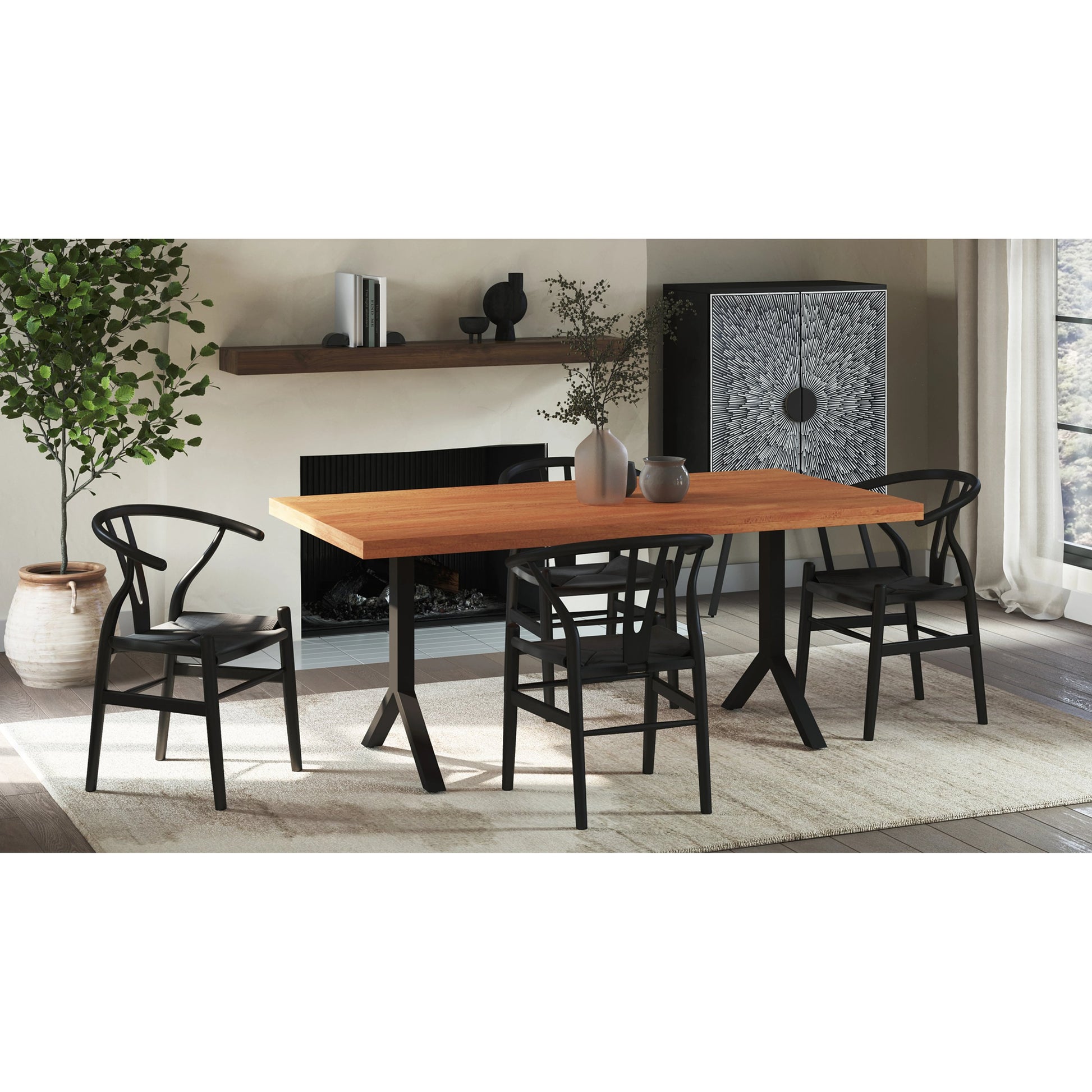 Ventana Dining Chair (Set of 2) by Moe's Home Collection in black frame, natural seat. Made from solid elm frame, woven fibre seat in a transitional style.