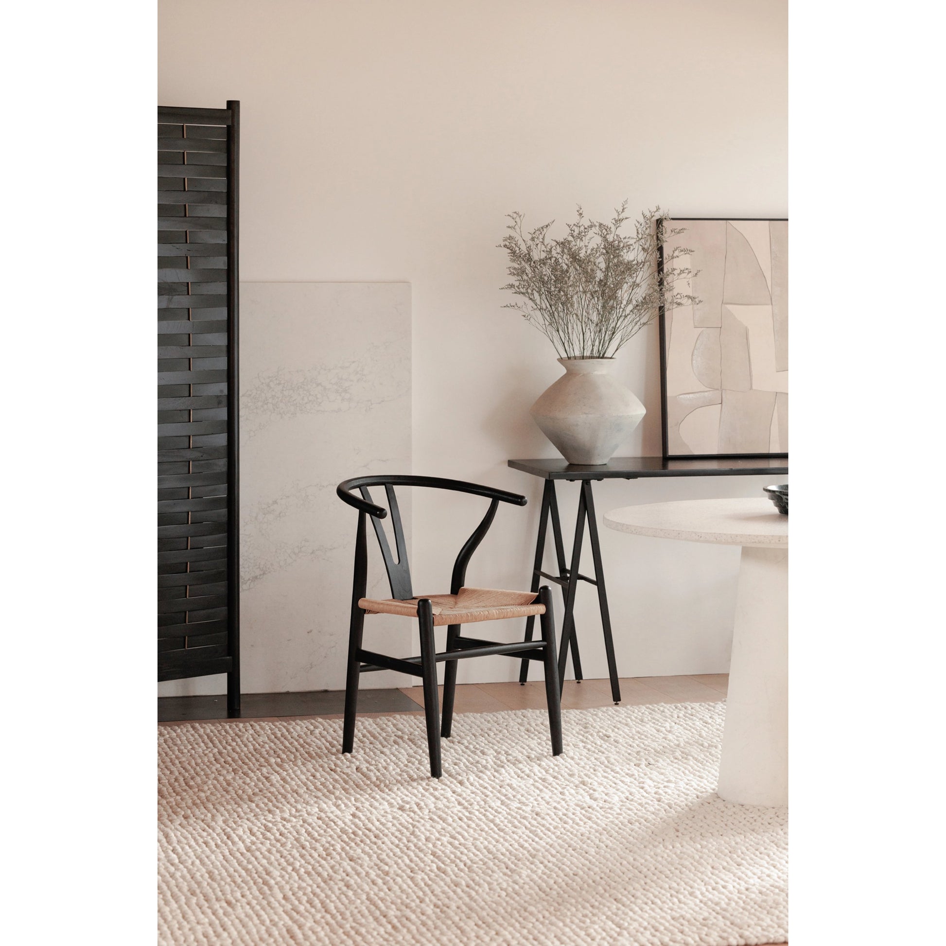 Ventana Dining Chair (Set of 2) by Moe's Home Collection in black frame, natural seat. Made from solid elm frame, woven fibre seat in a transitional style.