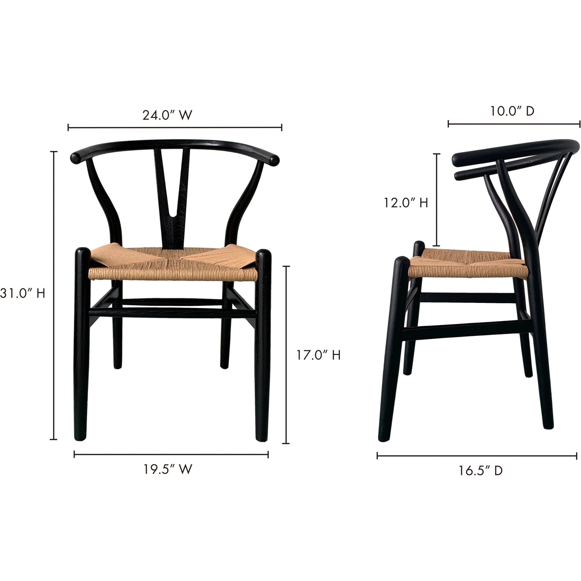 Ventana Dining Chair (Set of 2) by Moe's Home Collection in black frame, natural seat. Made from solid elm frame, woven fibre seat in a transitional style.
