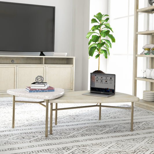 Cotiere 2 Piece Bunching Cocktail Tables by A.R.T. Furniture in beige. Made from parawood solids, mixed split cathedral quarter-white oak veneer, terrazzo stone, metal in a modern style.