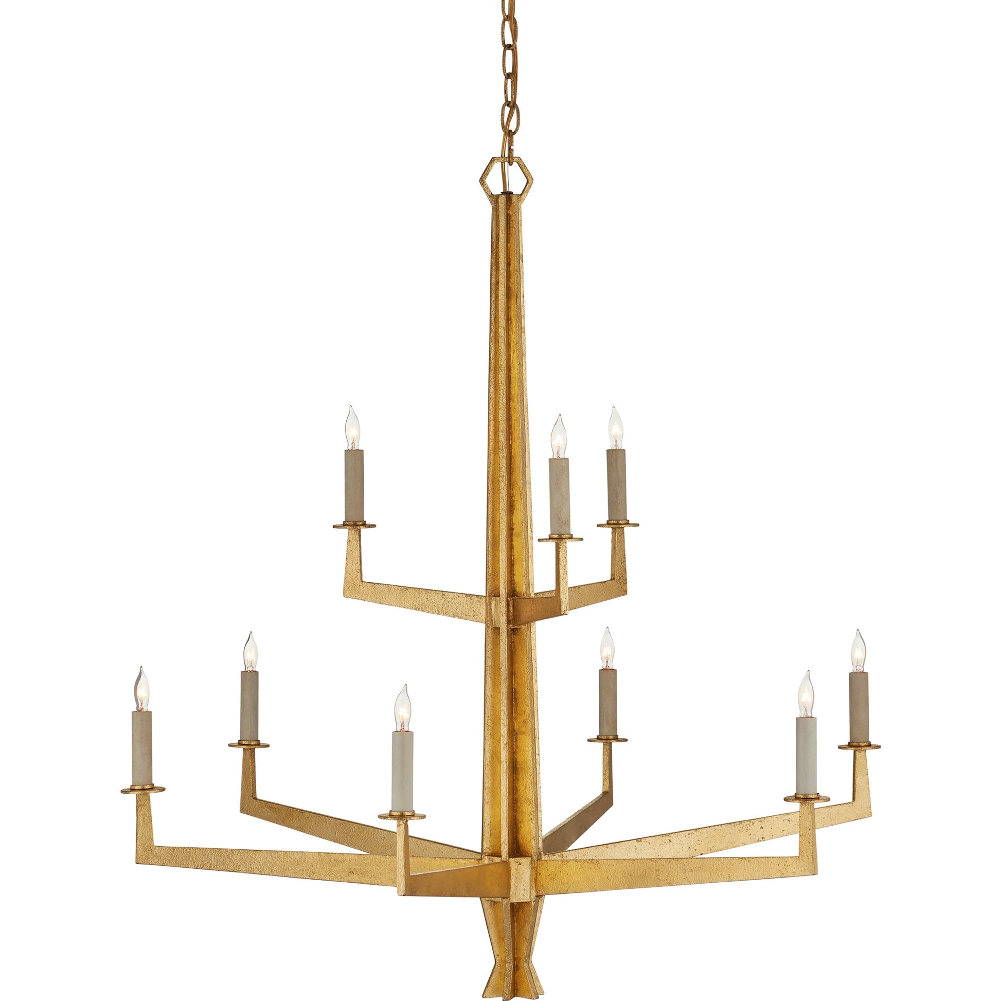 Goldfinch Chandelier by Currey and Company in washed lucerne gold. Made from wrought iron in a modern style.