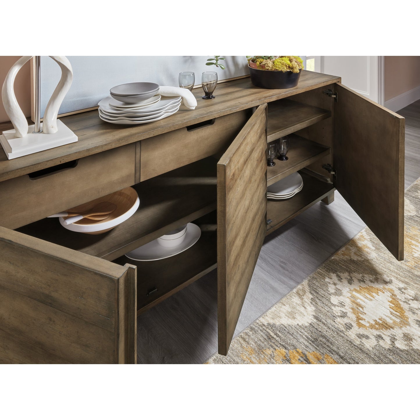 004 SI-1749792 | Closeup | Sundance Buffet by Hooker Furniture in cliffside. Made from quartered pine, maple veneers, solid-wood edge top in a transitional style.