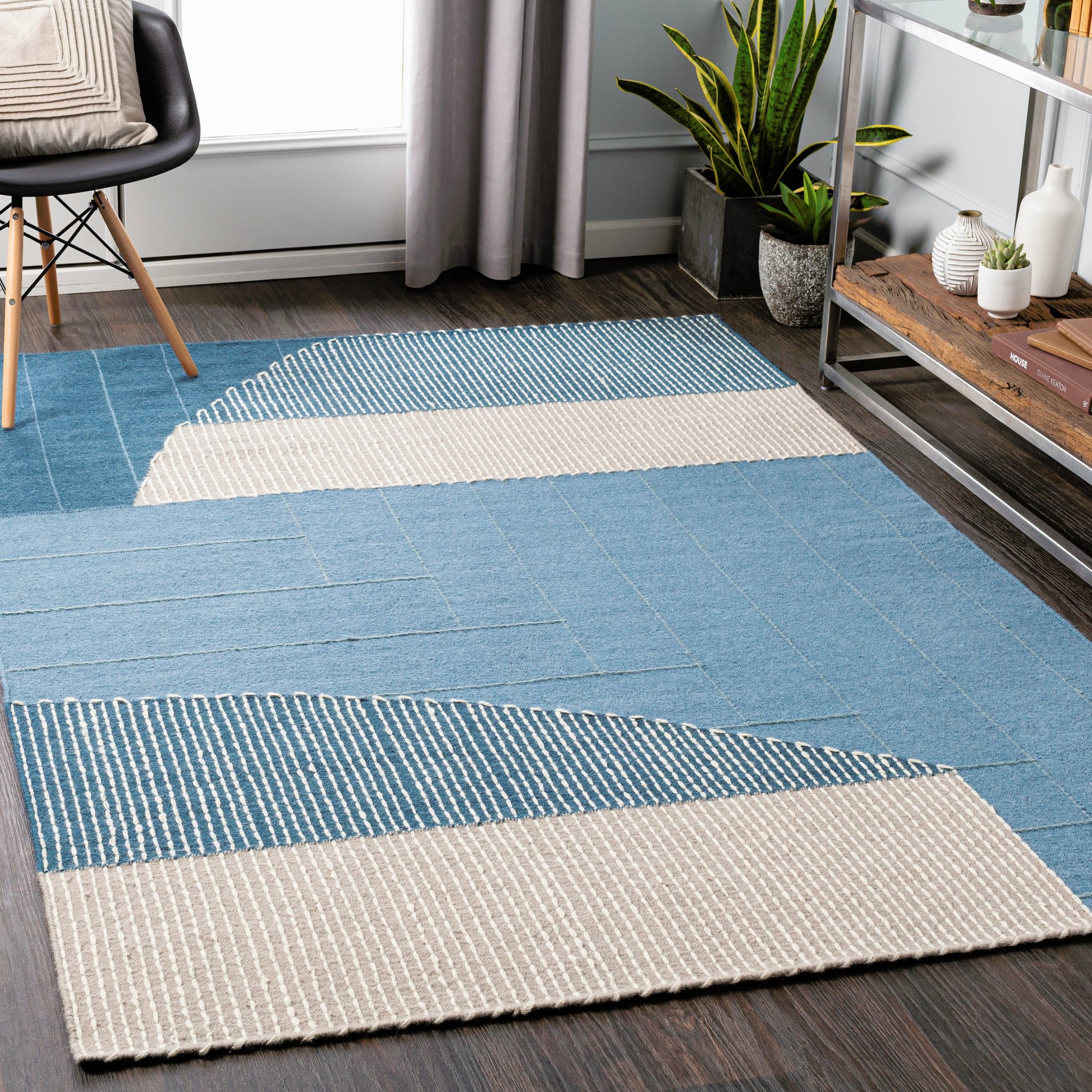 Fulham Rug - 26507 by Livabliss in blue, medium gray, off-white, taupe, dark blue. Made from 80% wool, 20% cotton in a unique style.