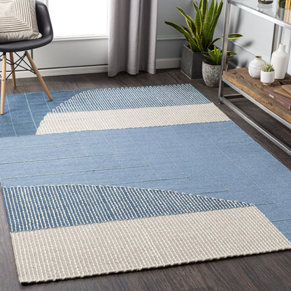 Fulham Rug - 26507 by Livabliss in blue, medium gray, off-white, taupe, dark blue. Made from 80% wool, 20% cotton in a unique style.