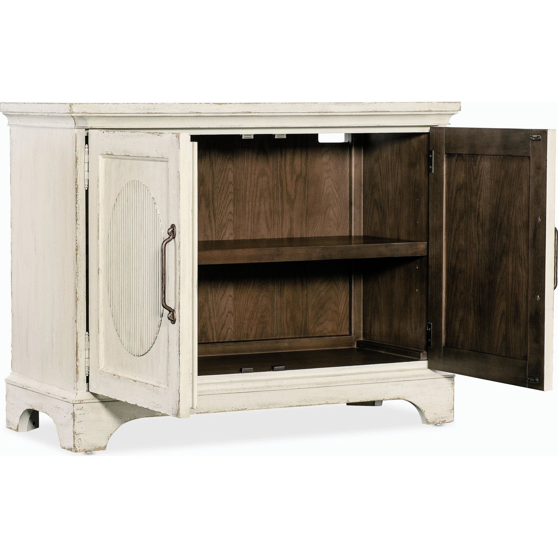 Americana Two-Door Chest by Hooker Furniture in white and worn white finish. Made from oak veneers in a cottage & farmhouse style.