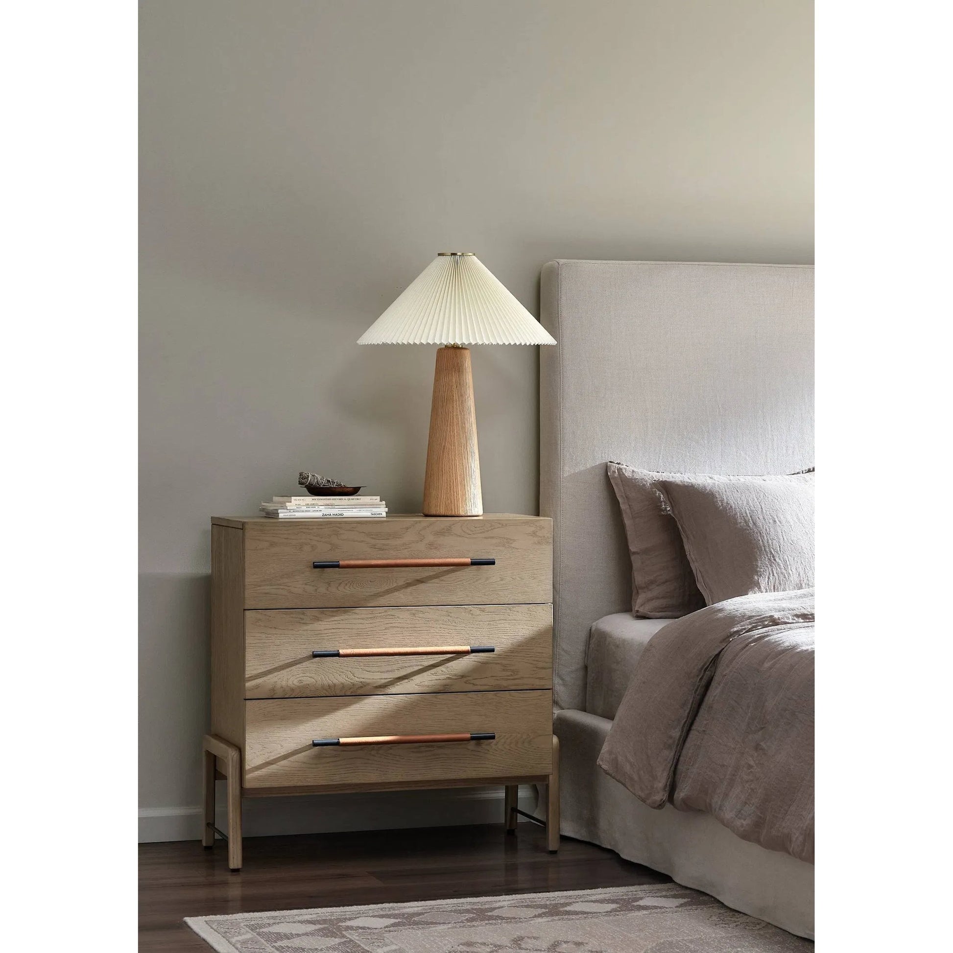 Nora Table Lamp by Four Hands in light oak. Made from solid oak, 100% flax, linen, steel plating in a modern style.