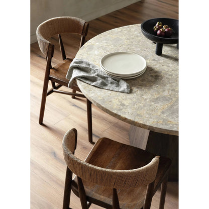 Brisa Round Dining Table by Four Hands in grey tobacco oak, dune onyx. Made from onyx, solid oak, engineered hardwood in a modern style.