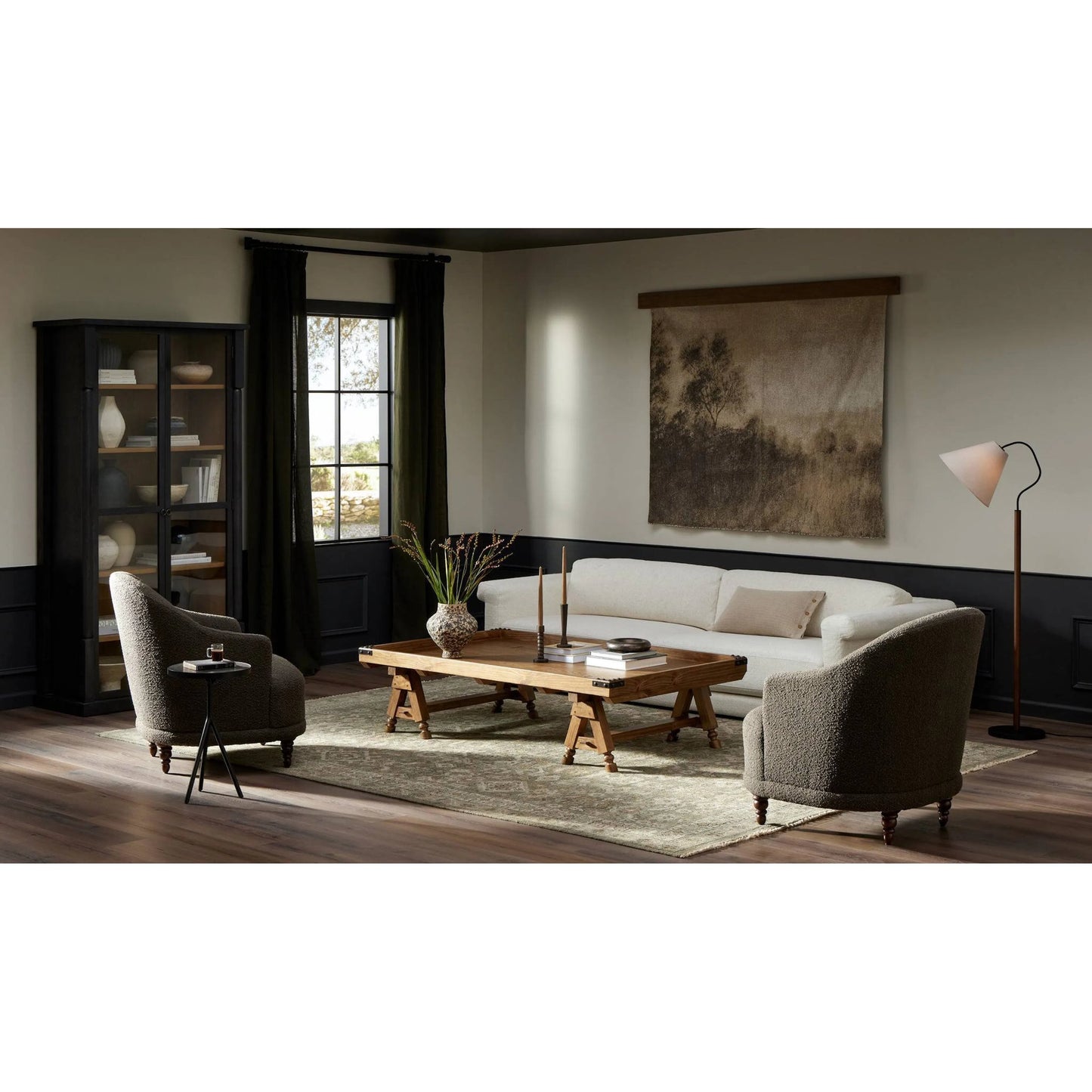 013 SI-2137332 | Lifestyle | Garner Floor Lamp by Four Hands in powder coated black, brown beech. Made from 100% flax, linen, iron, solid beech in a modern style.