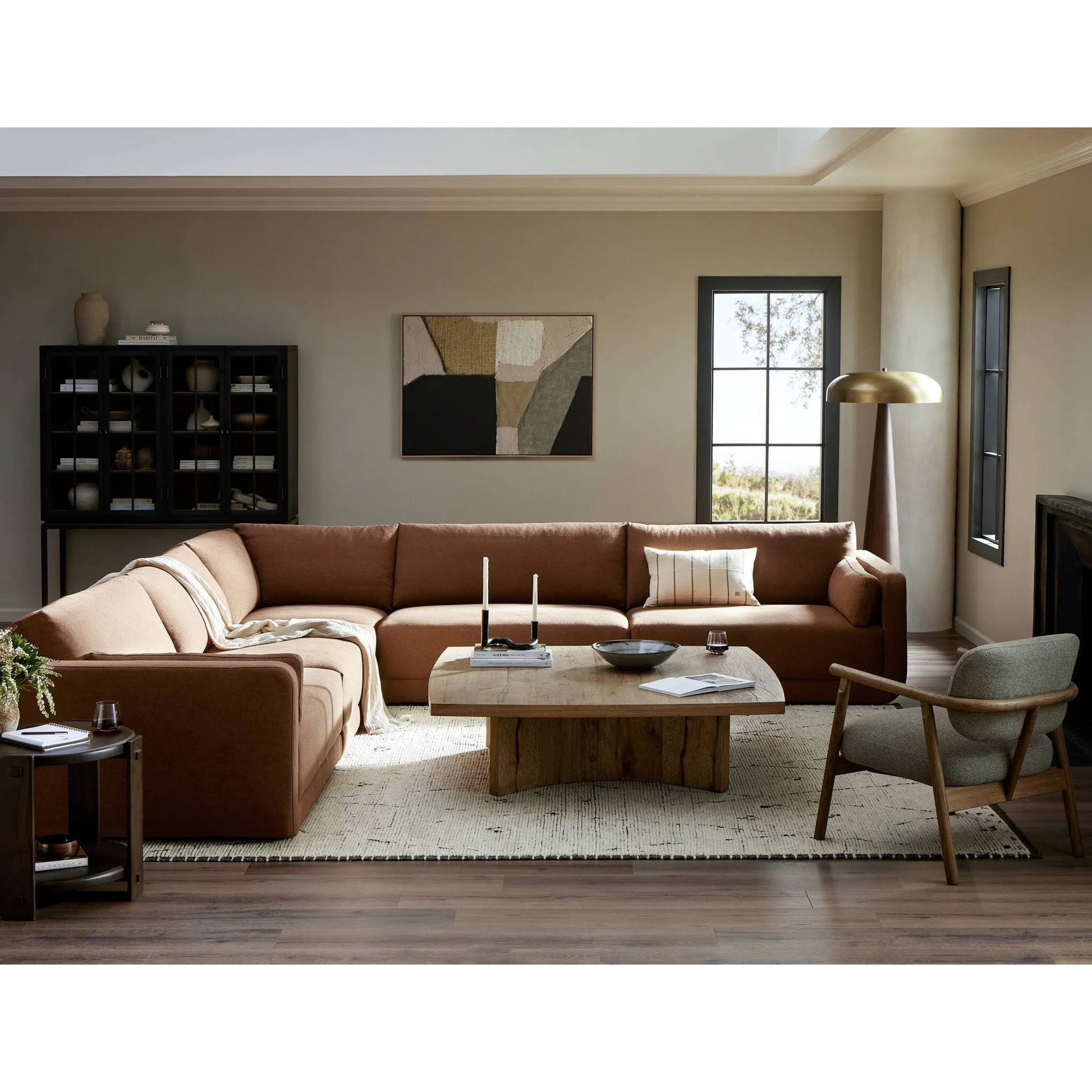 Brinton Square Coffee Table by Four Hands in rustic oak. Made from thick oak veneer, engineered hardwood in a modern style.