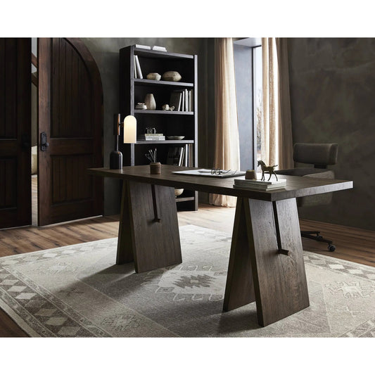 Wylie Desk by Four Hands in rustic grey veneer. Made from thick oak veneer, solid oak in a modern style.