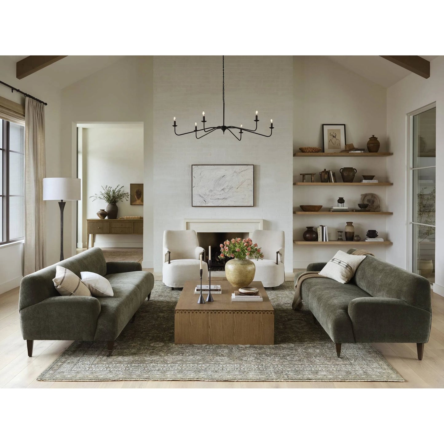 000 SI-2449394 | Lifestyle | Kent Sofa by Four Hands in malmo olive, brushed brass, terra brown ash. Made from 50% recycled polyester, 50% polyester, iron, solid ash in a unique style.