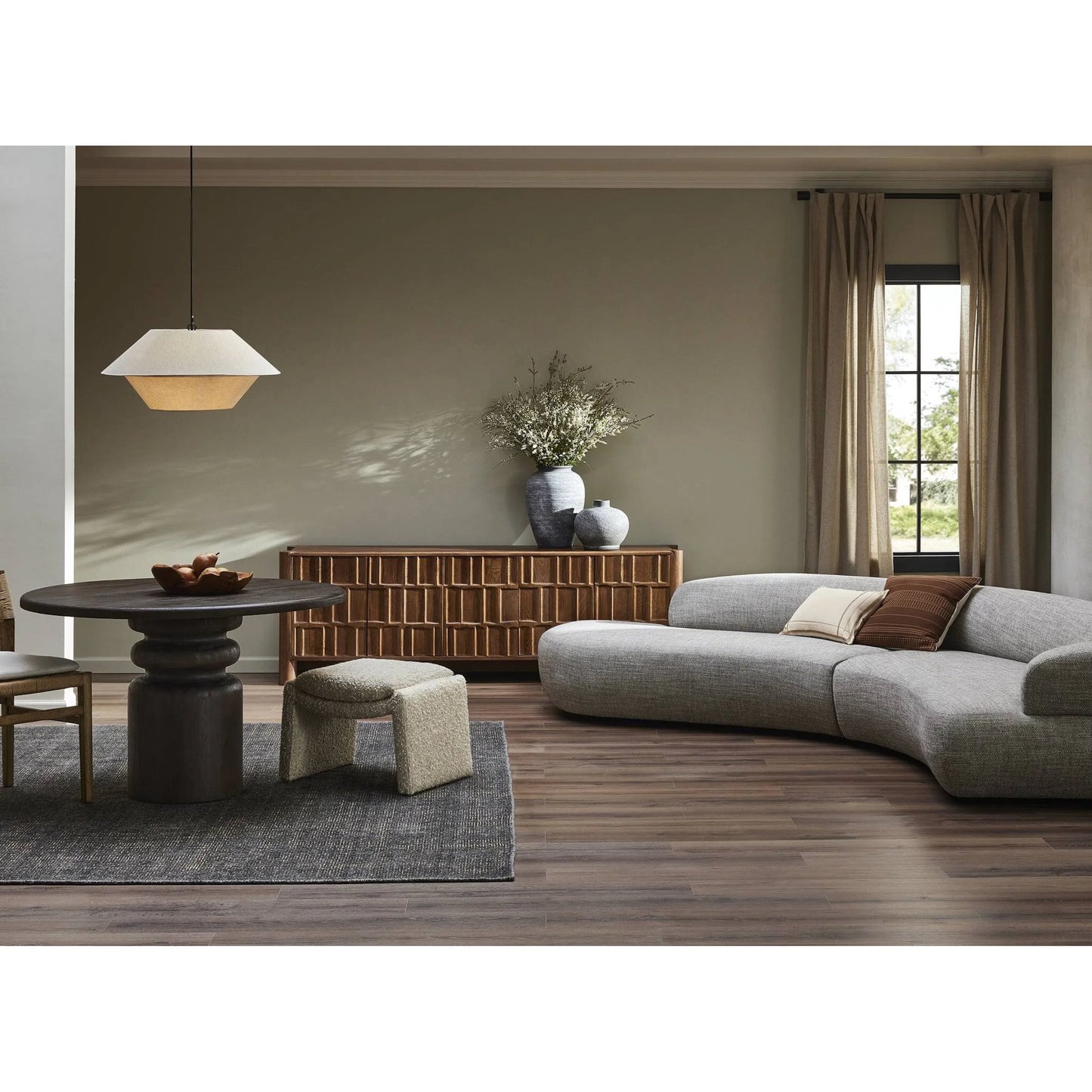 012 SI-2320040 | Lifestyle | Daniel Ottoman by Four Hands in ivan sand. Made from 60% acrylic, 33% cotton, 7% polyester in a transitional style.