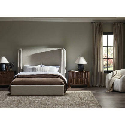 Octavia Bed by Four Hands in alcala taupe, almond. Made from 70% polyester, 20% viscose (rayon), 10% flax/linen, solid parawood in a transitional style.